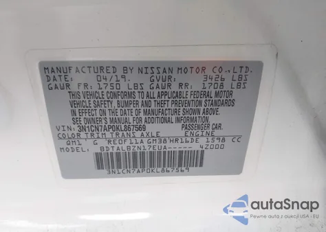 2019 Nissan Versa 1.6 Sv z USA, uszkodzony, nr VIN 3N1CN7AP0KL867569